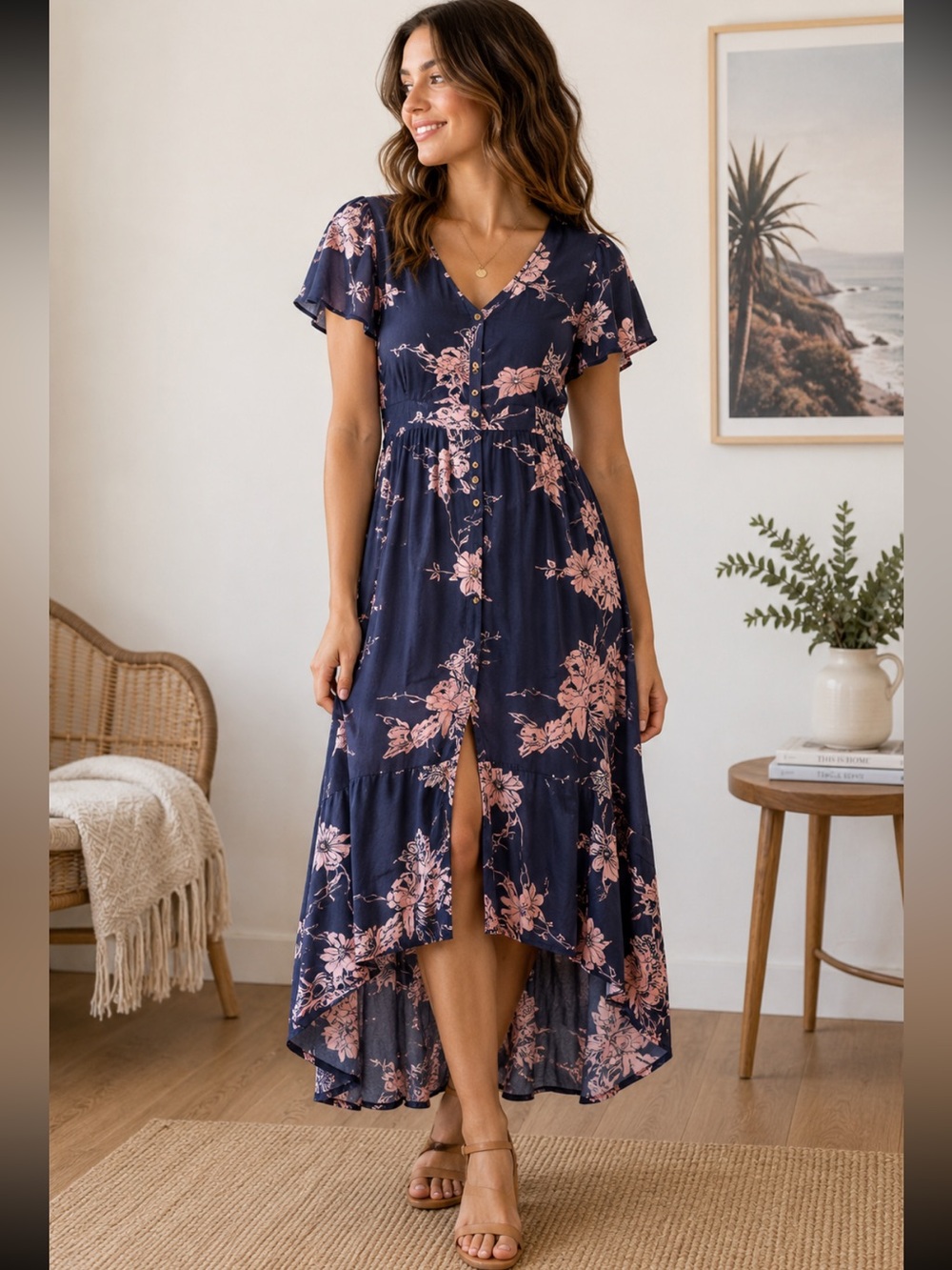 🌸1 Roxy Navy Pink Floral High Low Maxi Dress Flutter Sleeve M